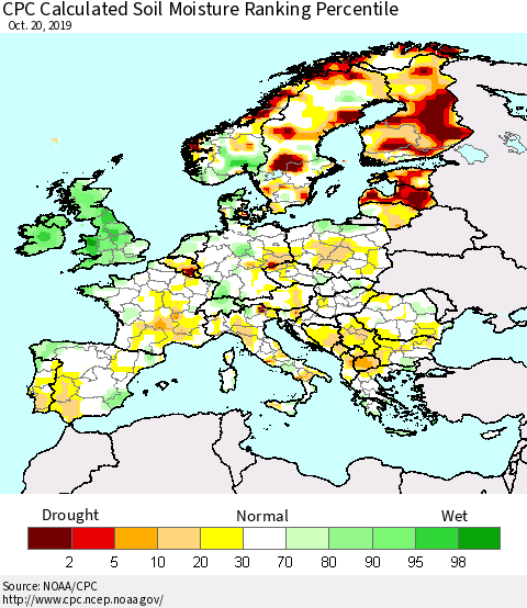 Europe CPC Soil Moisture Ranking Percentile (Leaky Bucket) Thematic Map For 10/16/2019 - 10/20/2019