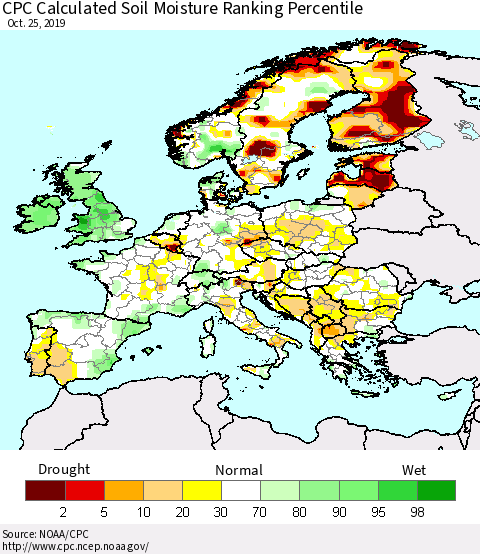 Europe CPC Soil Moisture Ranking Percentile (Leaky Bucket) Thematic Map For 10/21/2019 - 10/25/2019