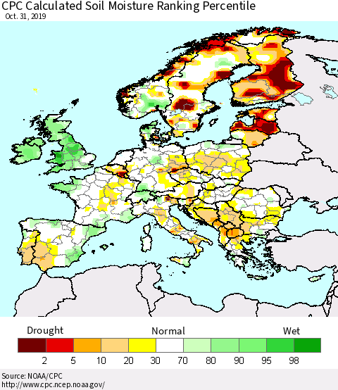 Europe CPC Soil Moisture Ranking Percentile (Leaky Bucket) Thematic Map For 10/26/2019 - 10/31/2019