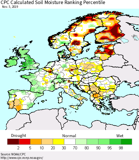Europe CPC Soil Moisture Ranking Percentile (Leaky Bucket) Thematic Map For 11/1/2019 - 11/5/2019