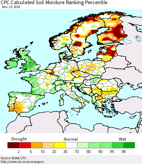 Europe CPC Soil Moisture Ranking Percentile (Leaky Bucket) Thematic Map For 11/6/2019 - 11/10/2019