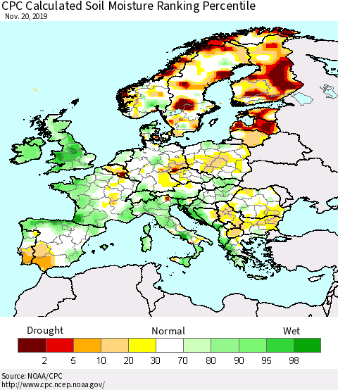Europe CPC Soil Moisture Ranking Percentile (Leaky Bucket) Thematic Map For 11/16/2019 - 11/20/2019