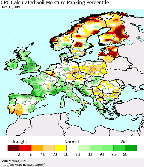 Europe CPC Soil Moisture Ranking Percentile (Leaky Bucket) Thematic Map For 12/11/2019 - 12/15/2019