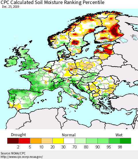 Europe CPC Soil Moisture Ranking Percentile (Leaky Bucket) Thematic Map For 12/21/2019 - 12/25/2019