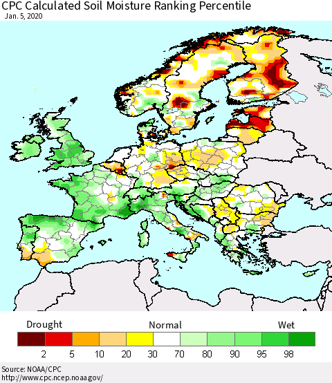 Europe CPC Soil Moisture Ranking Percentile (Leaky Bucket) Thematic Map For 1/1/2020 - 1/5/2020