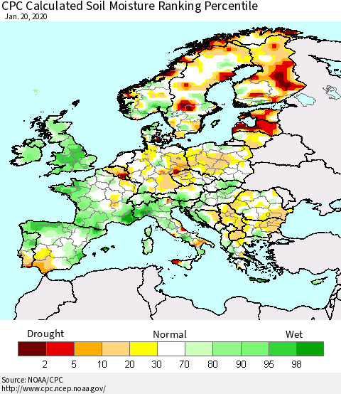 Europe CPC Soil Moisture Ranking Percentile (Leaky Bucket) Thematic Map For 1/16/2020 - 1/20/2020