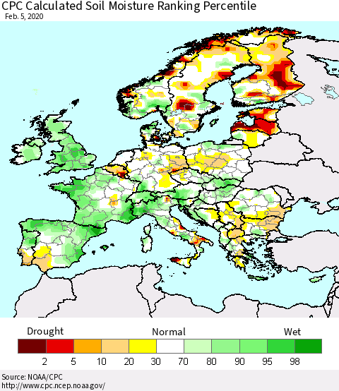 Europe CPC Soil Moisture Ranking Percentile (Leaky Bucket) Thematic Map For 2/1/2020 - 2/5/2020