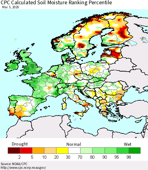 Europe CPC Soil Moisture Ranking Percentile (Leaky Bucket) Thematic Map For 3/1/2020 - 3/5/2020