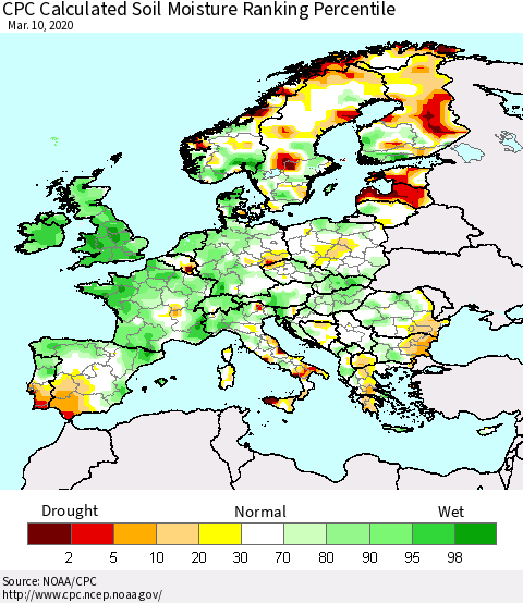 Europe CPC Soil Moisture Ranking Percentile (Leaky Bucket) Thematic Map For 3/6/2020 - 3/10/2020