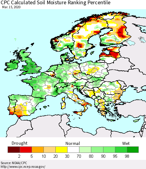 Europe CPC Soil Moisture Ranking Percentile (Leaky Bucket) Thematic Map For 3/11/2020 - 3/15/2020