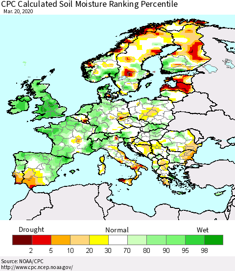 Europe CPC Soil Moisture Ranking Percentile (Leaky Bucket) Thematic Map For 3/16/2020 - 3/20/2020