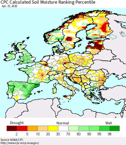 Europe CPC Soil Moisture Ranking Percentile (Leaky Bucket) Thematic Map For 4/21/2020 - 4/25/2020