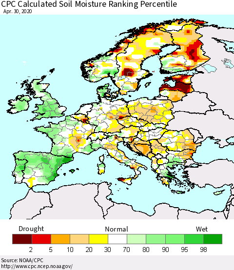 Europe CPC Soil Moisture Ranking Percentile (Leaky Bucket) Thematic Map For 4/26/2020 - 4/30/2020