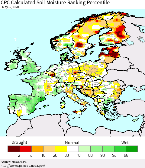 Europe CPC Soil Moisture Ranking Percentile (Leaky Bucket) Thematic Map For 5/1/2020 - 5/5/2020