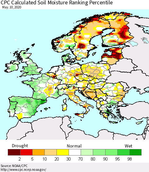 Europe CPC Soil Moisture Ranking Percentile (Leaky Bucket) Thematic Map For 5/6/2020 - 5/10/2020