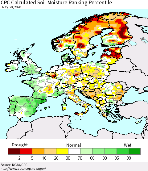 Europe CPC Soil Moisture Ranking Percentile (Leaky Bucket) Thematic Map For 5/16/2020 - 5/20/2020