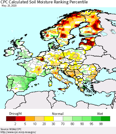 Europe CPC Soil Moisture Ranking Percentile (Leaky Bucket) Thematic Map For 5/21/2020 - 5/25/2020
