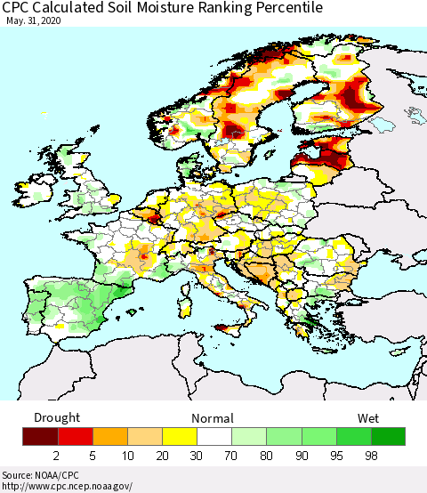 Europe CPC Soil Moisture Ranking Percentile (Leaky Bucket) Thematic Map For 5/26/2020 - 5/31/2020