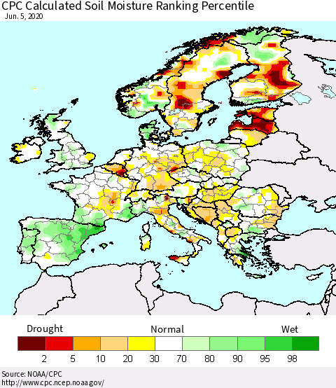 Europe CPC Soil Moisture Ranking Percentile (Leaky Bucket) Thematic Map For 6/1/2020 - 6/5/2020