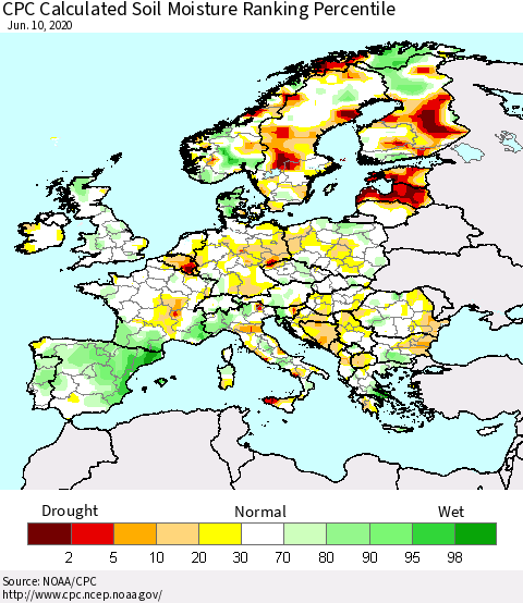Europe CPC Soil Moisture Ranking Percentile (Leaky Bucket) Thematic Map For 6/6/2020 - 6/10/2020