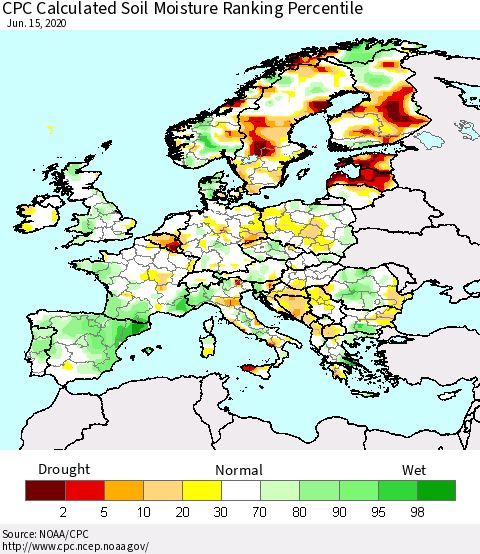 Europe CPC Soil Moisture Ranking Percentile (Leaky Bucket) Thematic Map For 6/11/2020 - 6/15/2020