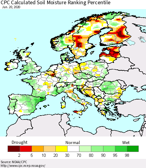 Europe CPC Soil Moisture Ranking Percentile (Leaky Bucket) Thematic Map For 6/16/2020 - 6/20/2020