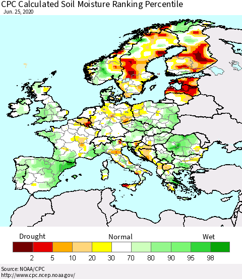 Europe CPC Soil Moisture Ranking Percentile (Leaky Bucket) Thematic Map For 6/21/2020 - 6/25/2020