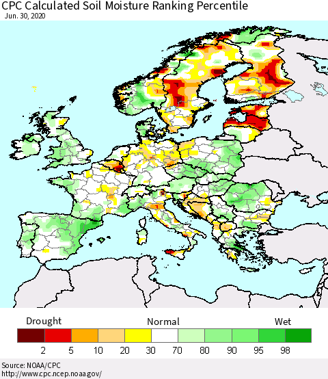 Europe CPC Soil Moisture Ranking Percentile (Leaky Bucket) Thematic Map For 6/26/2020 - 6/30/2020