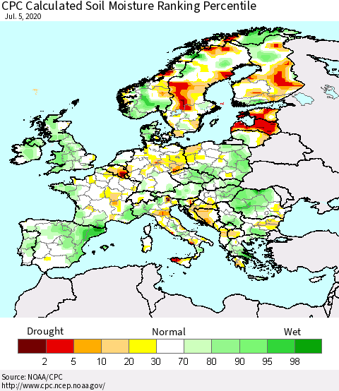 Europe CPC Soil Moisture Ranking Percentile (Leaky Bucket) Thematic Map For 7/1/2020 - 7/5/2020