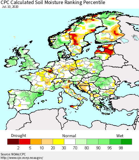 Europe CPC Soil Moisture Ranking Percentile (Leaky Bucket) Thematic Map For 7/6/2020 - 7/10/2020