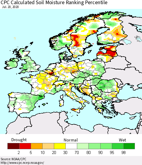Europe CPC Soil Moisture Ranking Percentile (Leaky Bucket) Thematic Map For 7/16/2020 - 7/20/2020