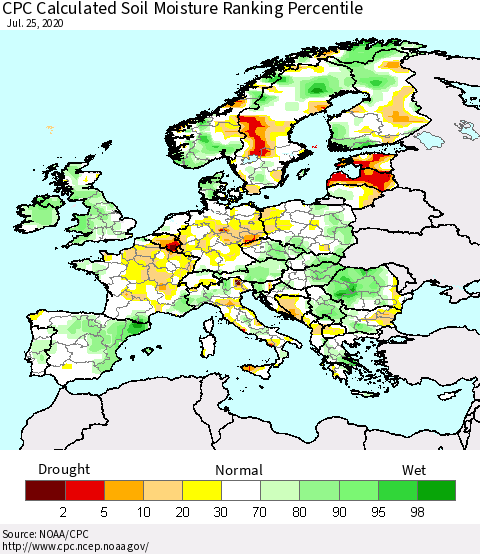 Europe CPC Soil Moisture Ranking Percentile (Leaky Bucket) Thematic Map For 7/21/2020 - 7/25/2020