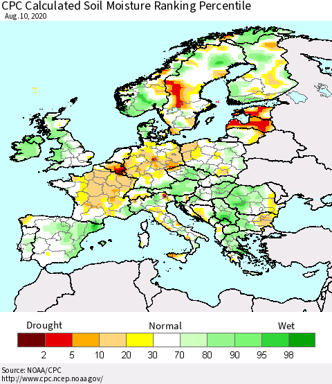Europe CPC Soil Moisture Ranking Percentile (Leaky Bucket) Thematic Map For 8/6/2020 - 8/10/2020
