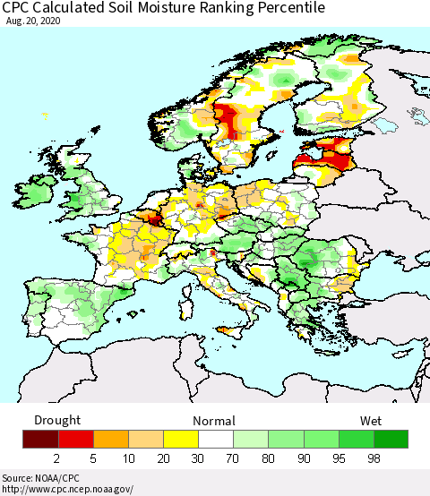 Europe CPC Soil Moisture Ranking Percentile (Leaky Bucket) Thematic Map For 8/16/2020 - 8/20/2020