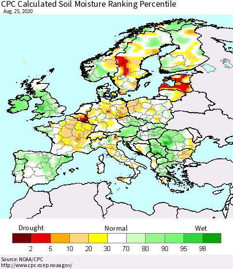 Europe CPC Soil Moisture Ranking Percentile (Leaky Bucket) Thematic Map For 8/21/2020 - 8/25/2020