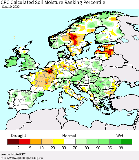 Europe CPC Soil Moisture Ranking Percentile (Leaky Bucket) Thematic Map For 9/6/2020 - 9/10/2020