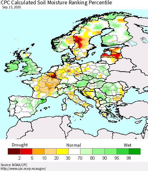 Europe CPC Soil Moisture Ranking Percentile (Leaky Bucket) Thematic Map For 9/11/2020 - 9/15/2020