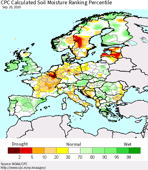 Europe CPC Soil Moisture Ranking Percentile (Leaky Bucket) Thematic Map For 9/16/2020 - 9/20/2020