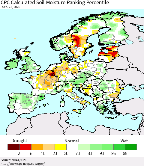 Europe CPC Soil Moisture Ranking Percentile (Leaky Bucket) Thematic Map For 9/21/2020 - 9/25/2020