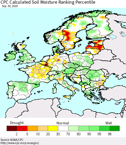 Europe CPC Soil Moisture Ranking Percentile (Leaky Bucket) Thematic Map For 9/26/2020 - 9/30/2020