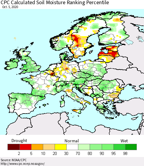 Europe CPC Soil Moisture Ranking Percentile (Leaky Bucket) Thematic Map For 10/1/2020 - 10/5/2020