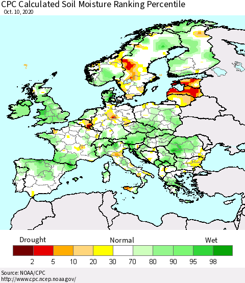 Europe CPC Soil Moisture Ranking Percentile (Leaky Bucket) Thematic Map For 10/6/2020 - 10/10/2020