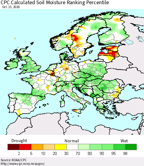 Europe CPC Soil Moisture Ranking Percentile (Leaky Bucket) Thematic Map For 10/11/2020 - 10/15/2020