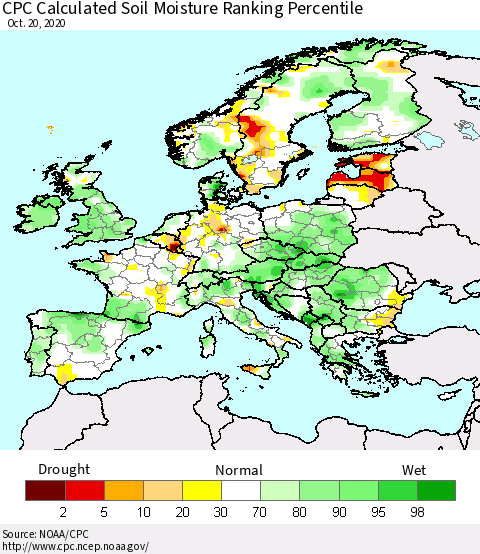 Europe CPC Soil Moisture Ranking Percentile (Leaky Bucket) Thematic Map For 10/16/2020 - 10/20/2020