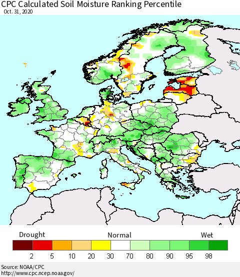 Europe CPC Soil Moisture Ranking Percentile (Leaky Bucket) Thematic Map For 10/26/2020 - 10/31/2020