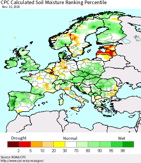 Europe CPC Soil Moisture Ranking Percentile (Leaky Bucket) Thematic Map For 11/6/2020 - 11/10/2020