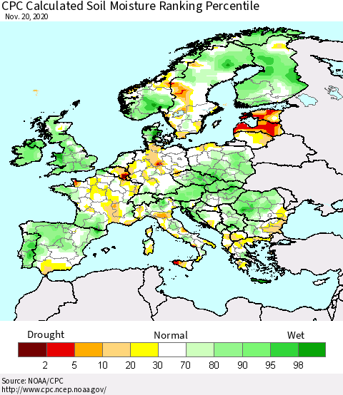 Europe CPC Soil Moisture Ranking Percentile (Leaky Bucket) Thematic Map For 11/16/2020 - 11/20/2020