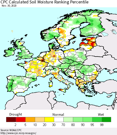 Europe CPC Soil Moisture Ranking Percentile (Leaky Bucket) Thematic Map For 11/26/2020 - 11/30/2020