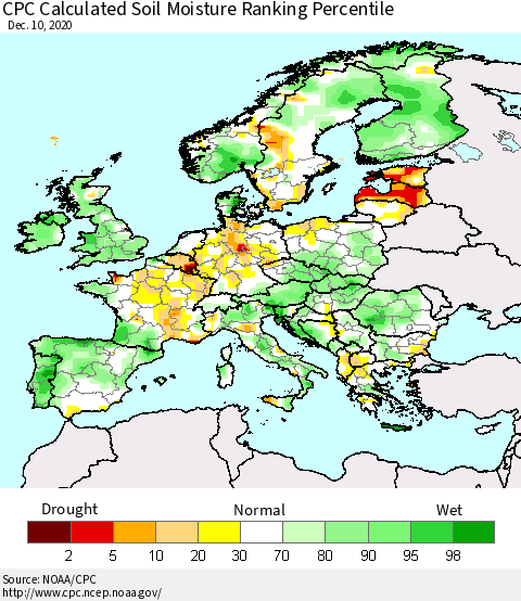 Europe CPC Soil Moisture Ranking Percentile (Leaky Bucket) Thematic Map For 12/6/2020 - 12/10/2020