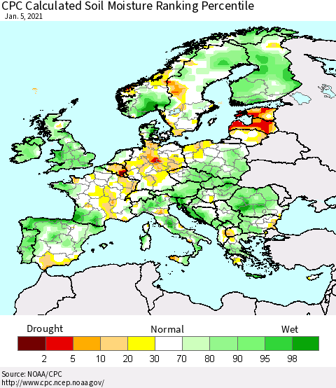 Europe CPC Soil Moisture Ranking Percentile (Leaky Bucket) Thematic Map For 1/1/2021 - 1/5/2021